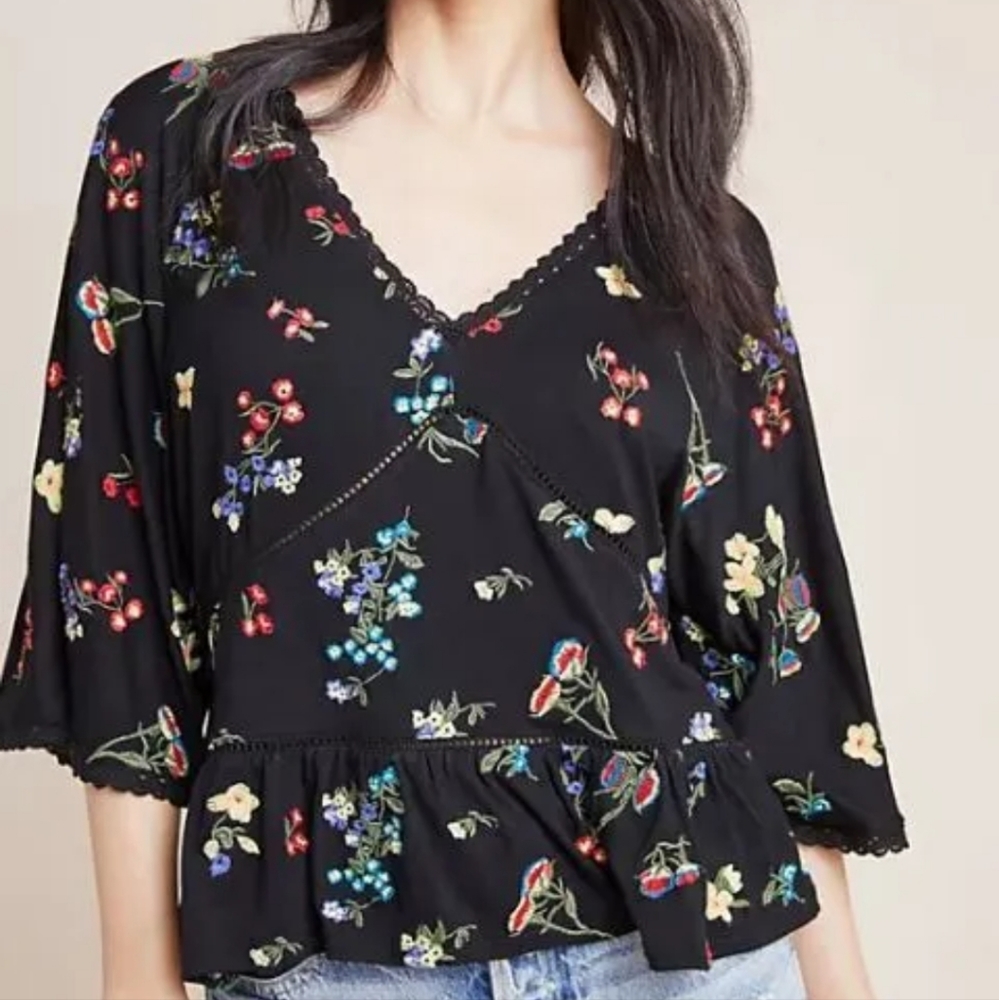 Anthropologie Parvati Embroidered Floral Top Szxs Bine